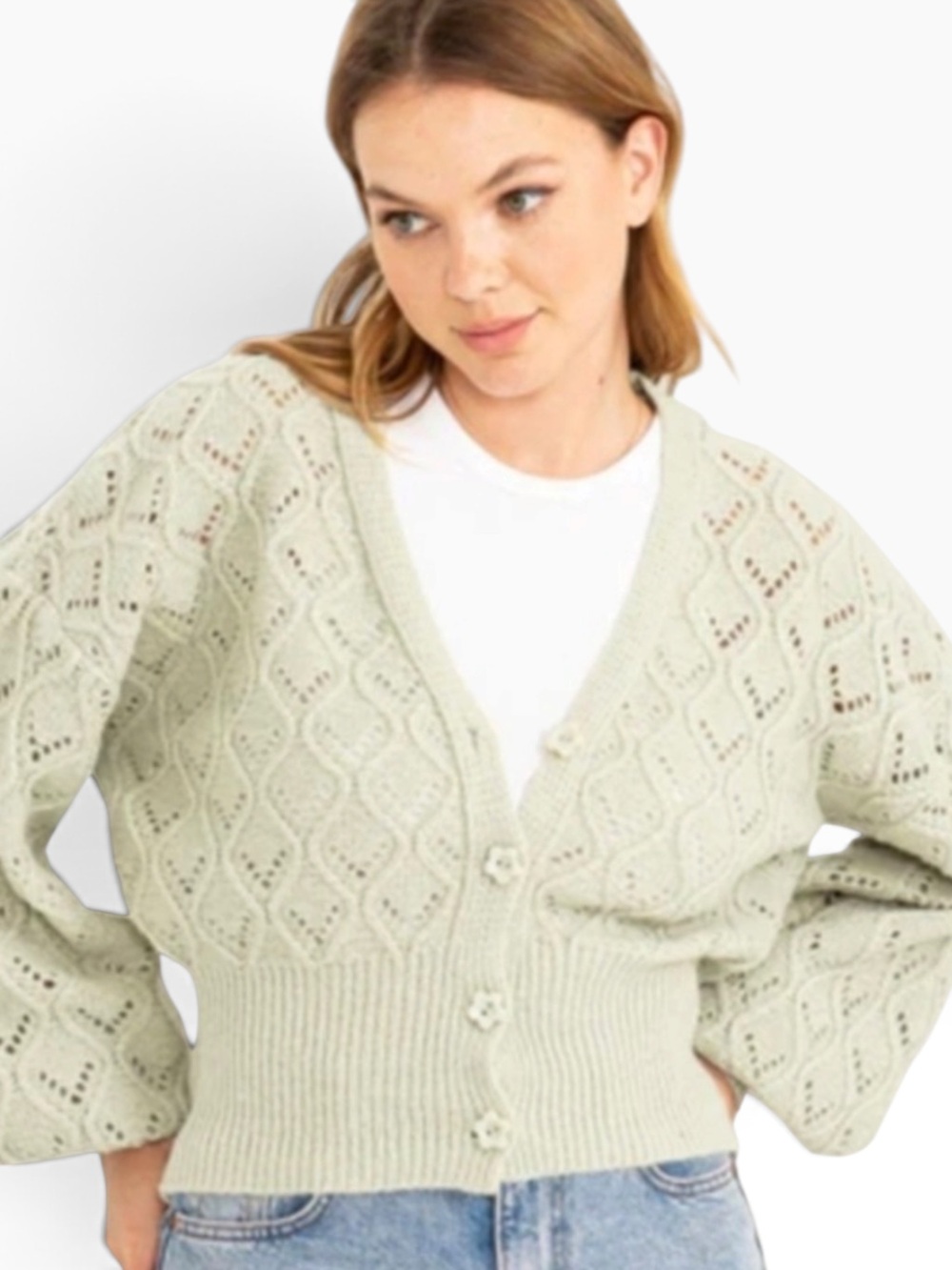 Anthropologie HYFVE Keston Reagan Pointelle Cardigan Sweater Sage Size L NWT